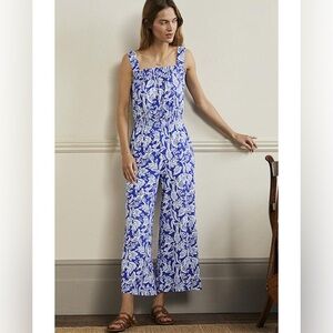 Boden Strappy Jersey Floral Tillie Wide Leg Jumpsuit Preppy Blue Size 6 Tall